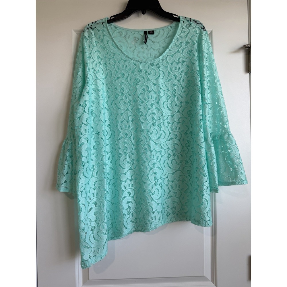 New Directions Women's Light Green Lace 3/4 Sleeve Sheer Top Size XL